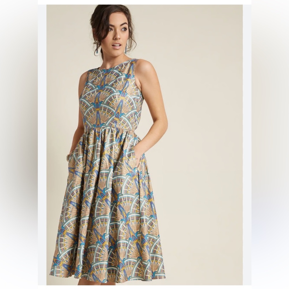 MODCLOTH x RETROLICIOUS Vintage Inspired Art Deco Dresz Full Skirt Pockets